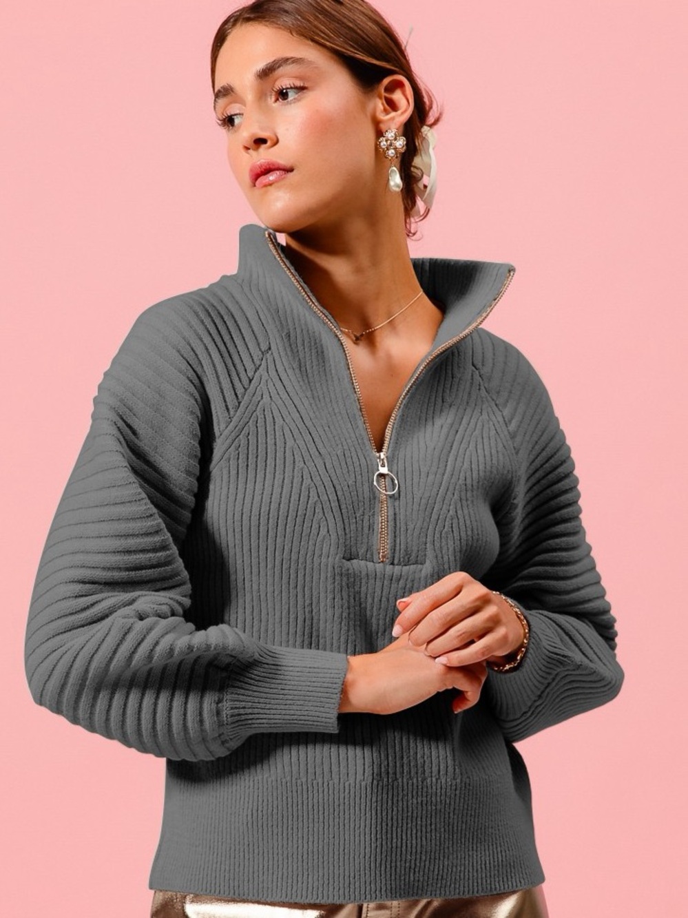 ♥️Hello Gorgeous! Half Zip Raglan Balloon Sleeves Ribbed Sweater - Charcoal